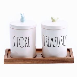 NEW Rae Dunn STORE and TREASURE Jars on Wooden Tray